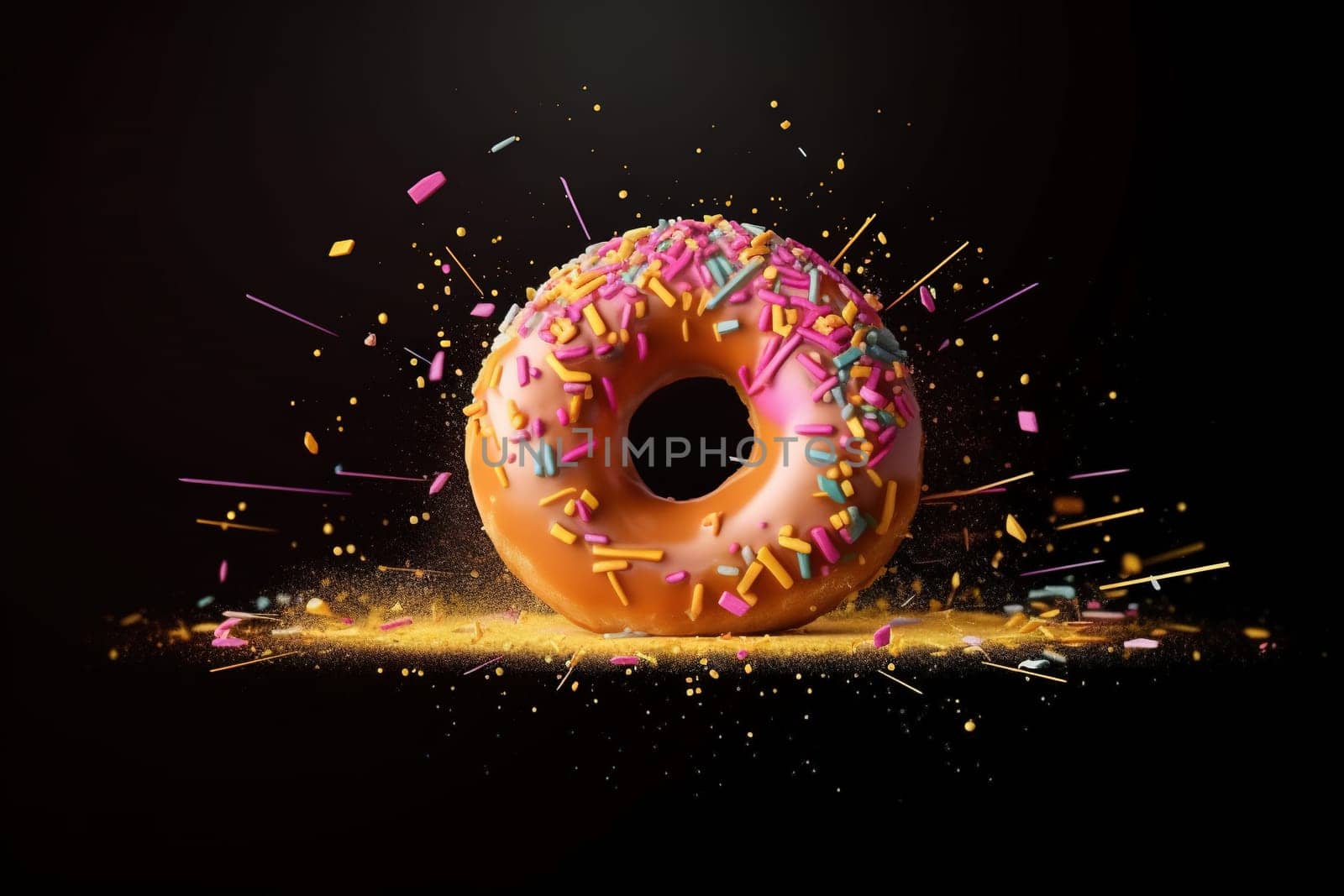 Donut expressive shot with topping and sugar powder splash. Tasty donut food styling image. Generative AI