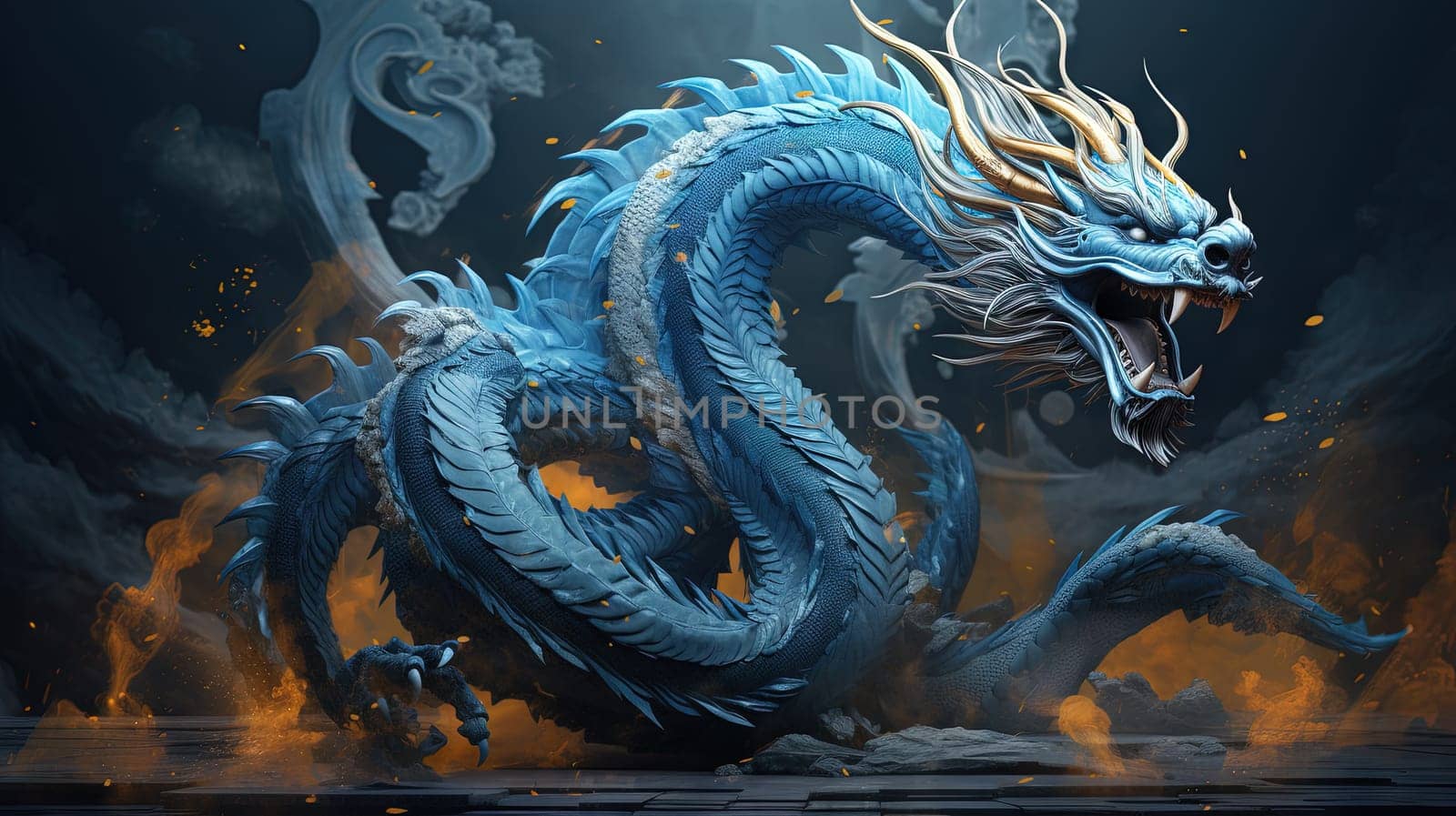 Blue dragon, mysterious monster from farytales and symbol of 2024 lunar year in Chinese calendar. Generated AI.