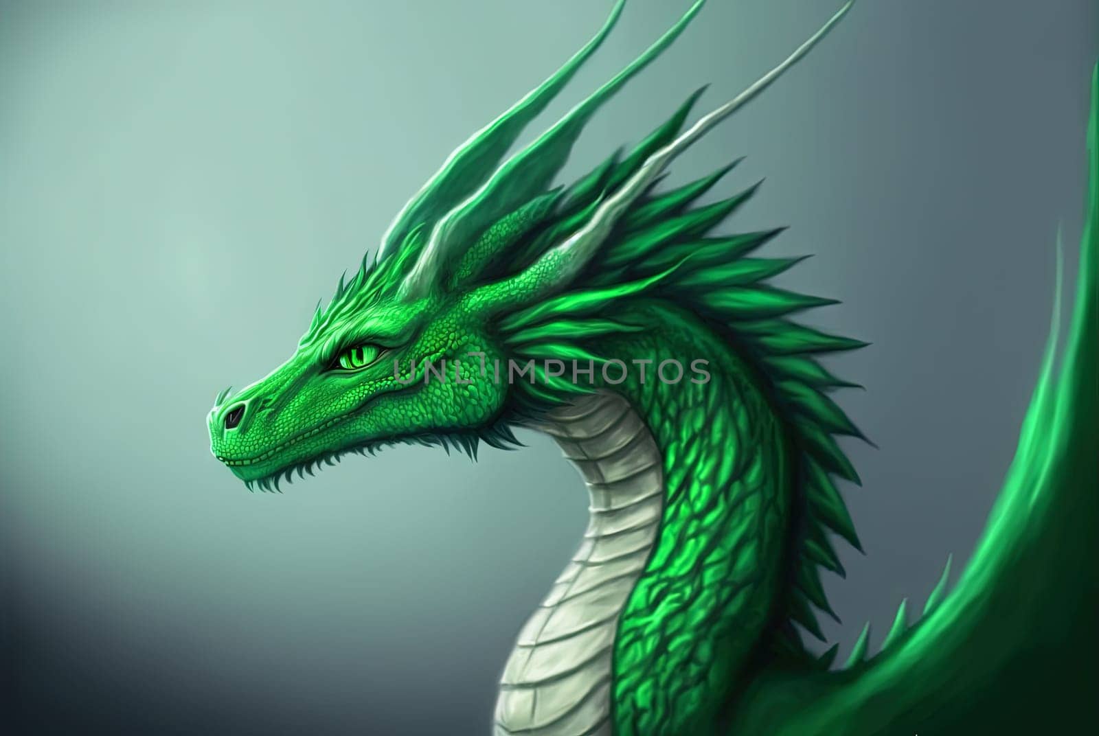 Green dragon portrait, mysterious monster from farytales and symbol of 2024 lunar year in Chinese calendar. Generated AI