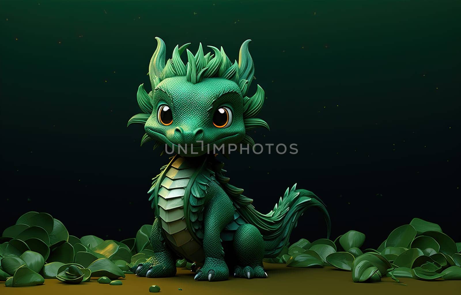 Young green dragon, mysterious creature from farytales and symbol of 2024 lunar year in Chinese calendar. Generated AI