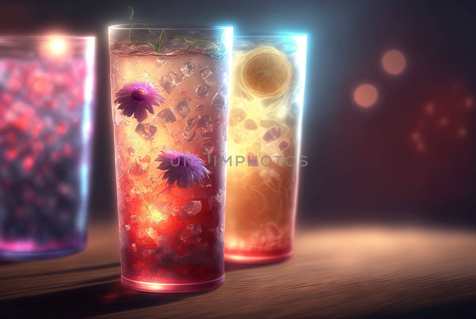 Club cocktails on the table with light. Colorful juicy drinks in glasses. Generated AI