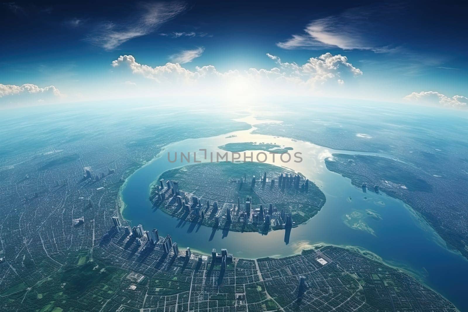 Earth and city space view. Satellite or plane view of the planet. Generated AI