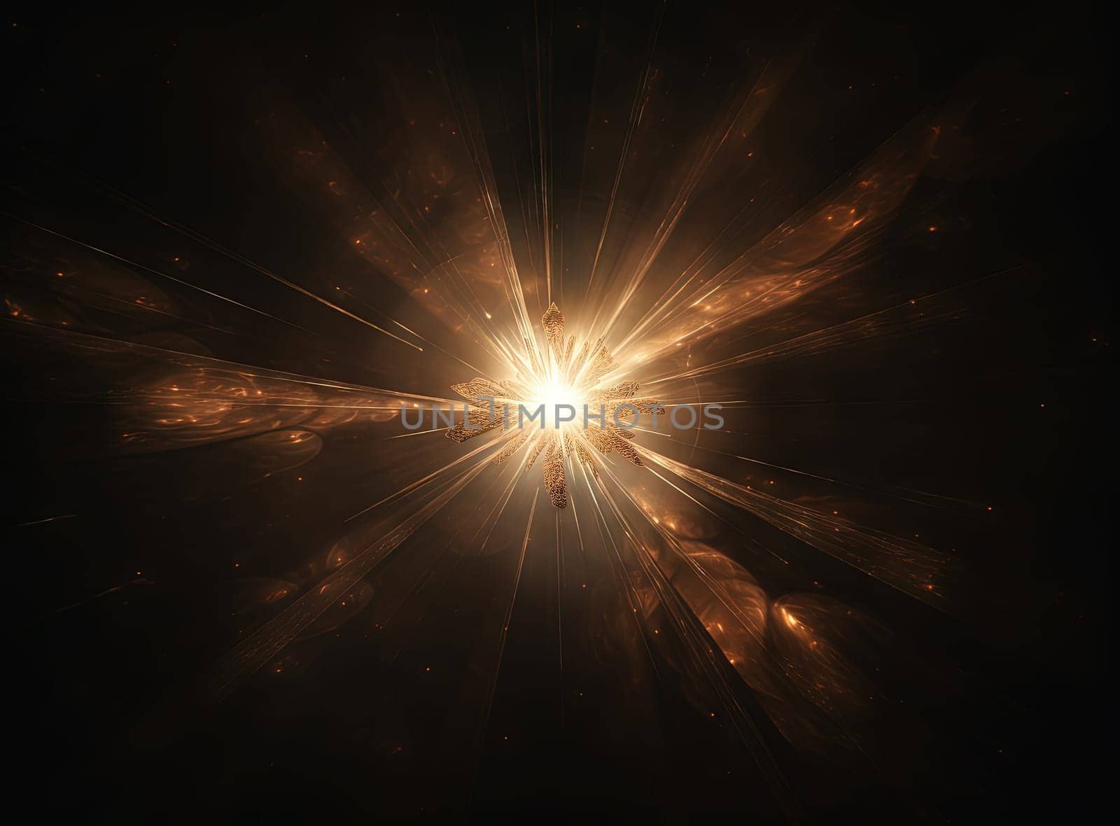 Sun flare with yellow rays and beams on dark background. Generated AI