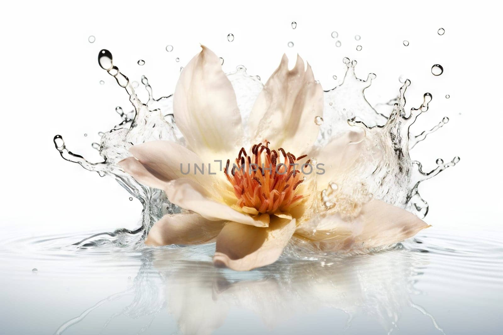 Flower in splashing water. Floral freshness concept with water drops for cosmetic, moisture and self-care packaging. Generated AI