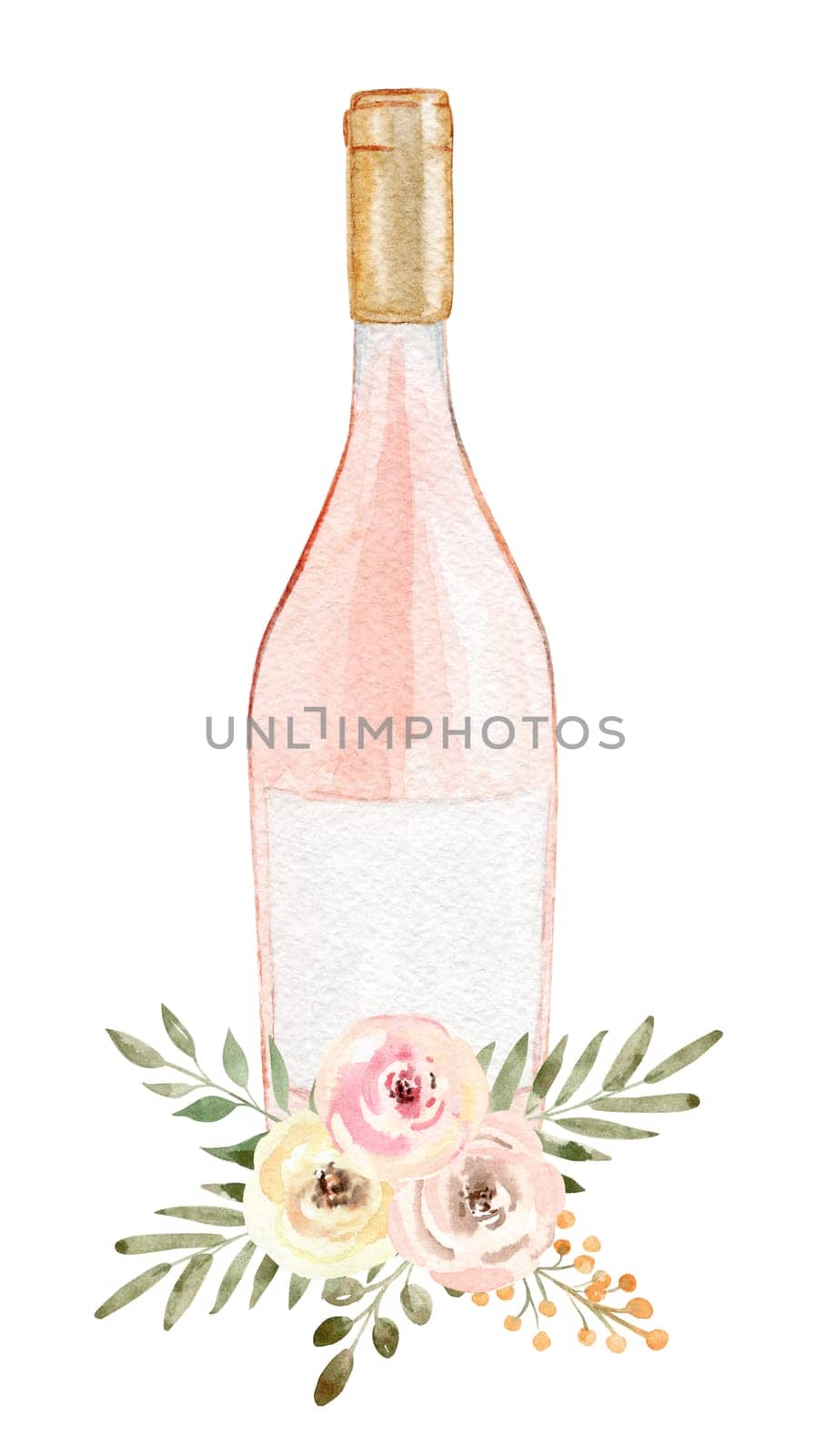 watercolor rose wine bottle with floral isolated on white background