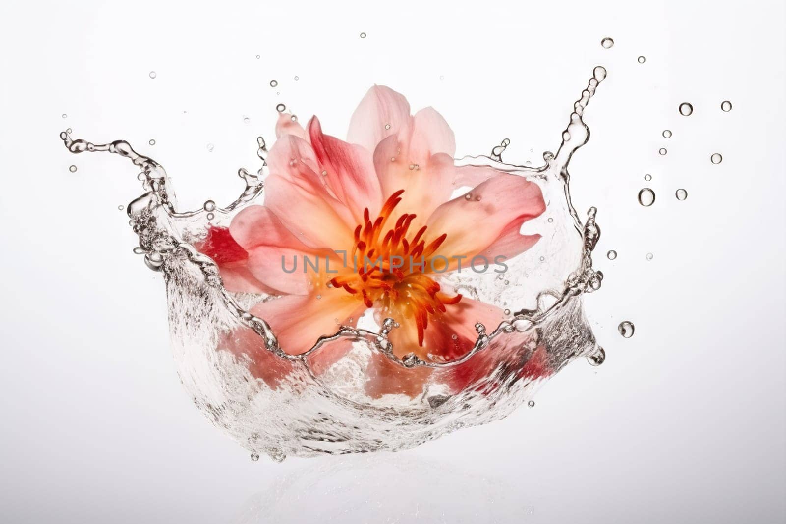 Flower in splashing water. Floral freshness concept with water drops for cosmetic, moisture and self-care packaging. Generated AI