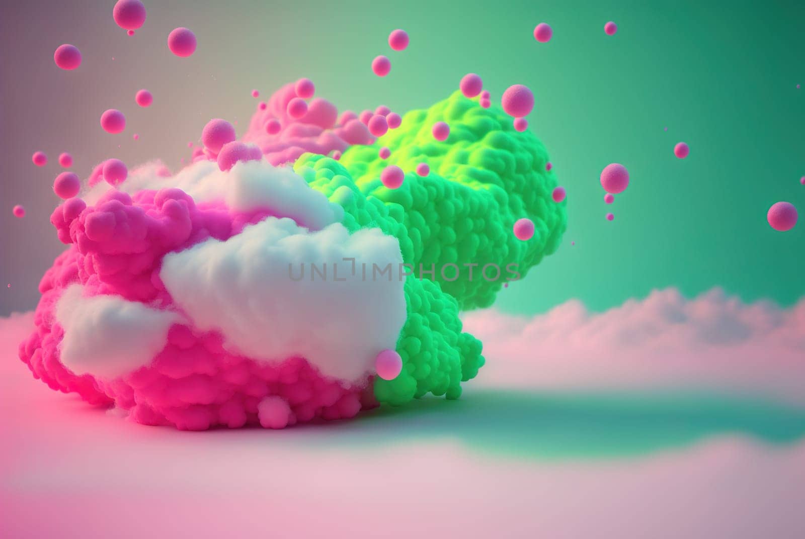 Abstract foam clouds with splashing forms and drops. Colorful foam cloud background. Generated AI