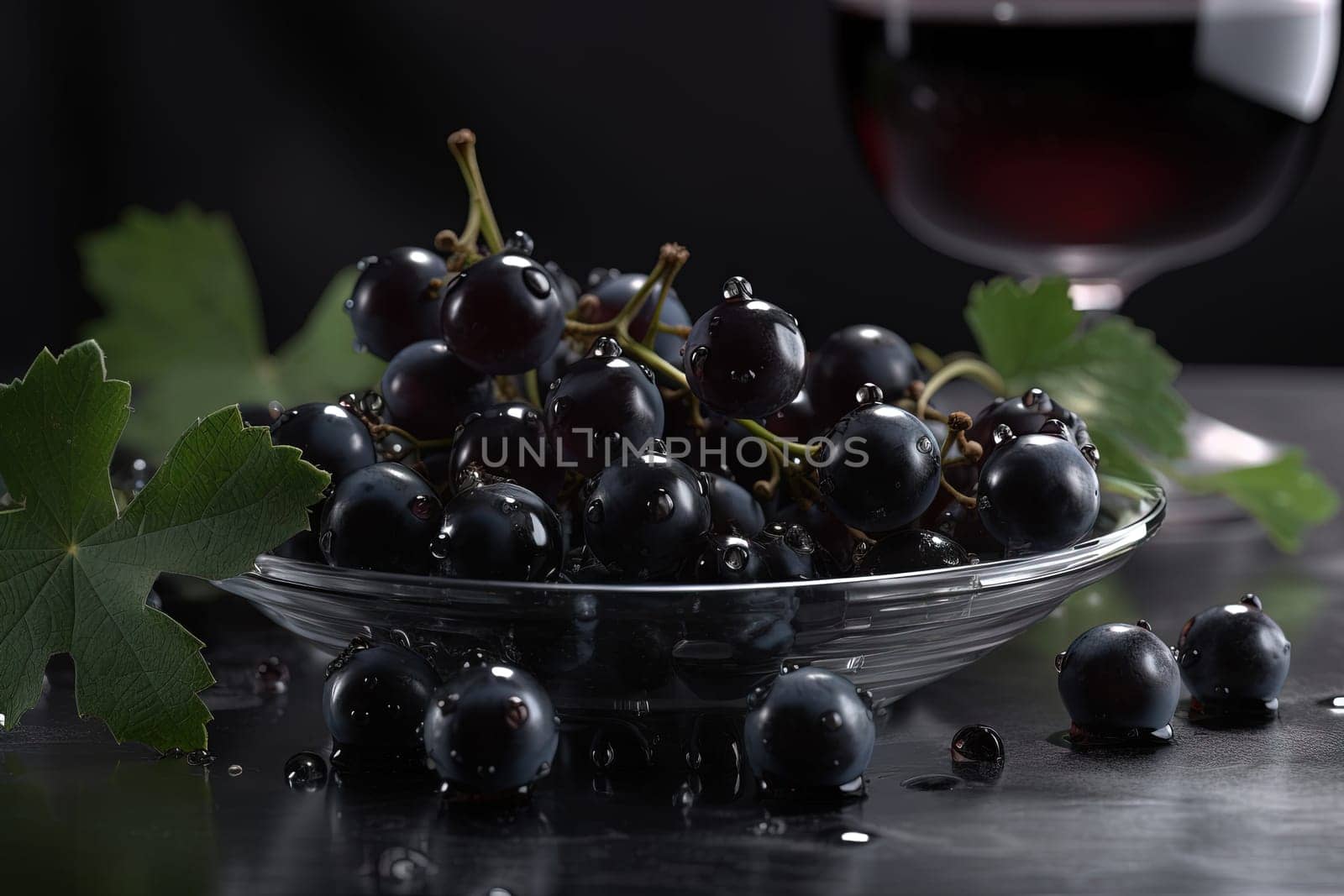 Black currant on background. Juicy black berries, fresh and sweet. Generated AI