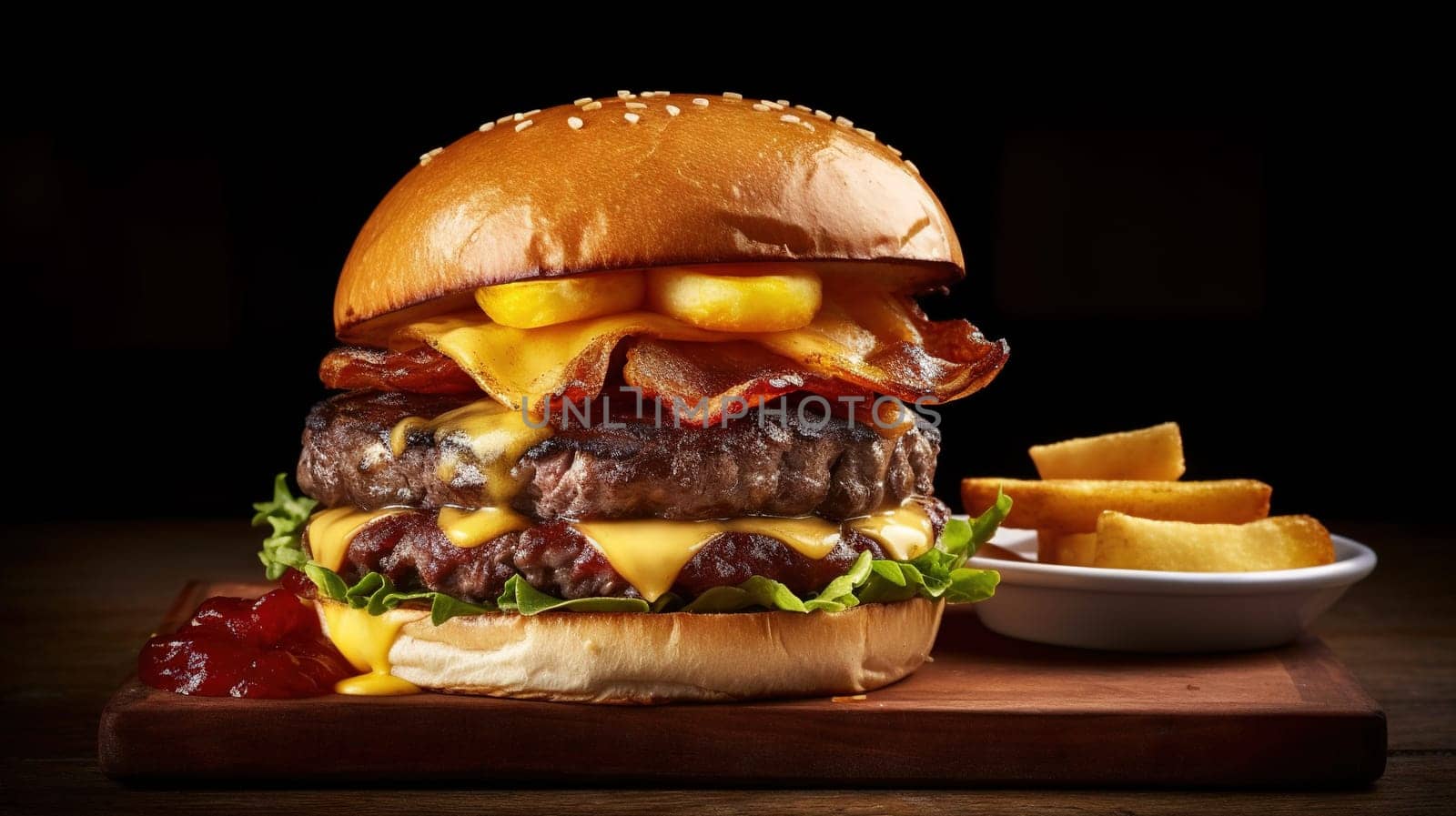 Juicy tasty hamburger on the table. Fast food image of a burger with grilled meat. Generated AI