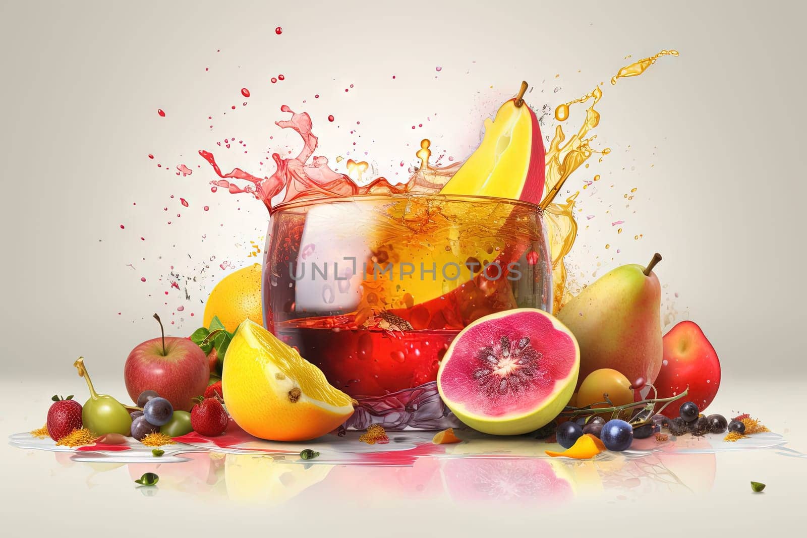 Glass of juice with fruits and berries on the table. Drink splash of sweet organic cocktail. Generated AI