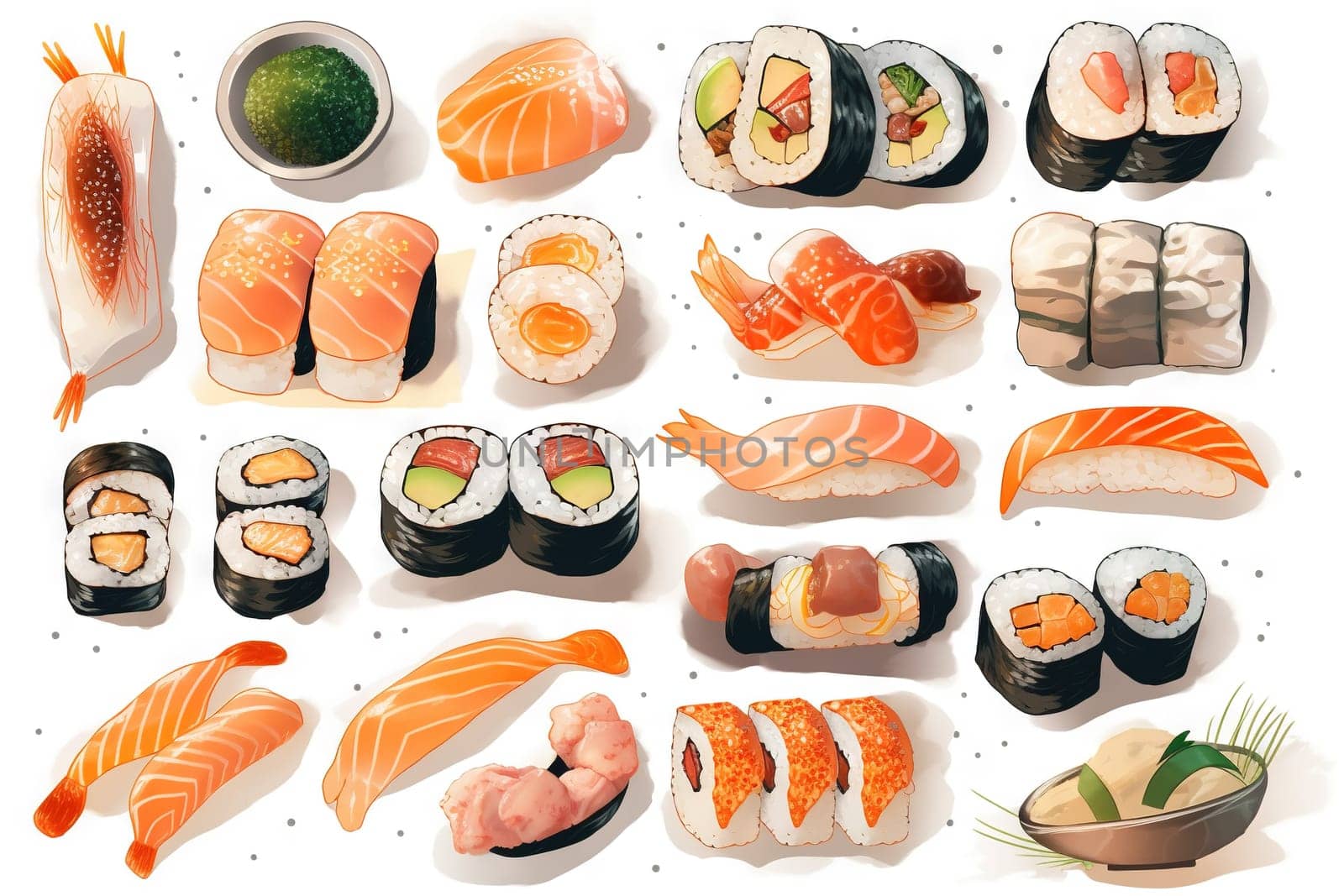 Sushi set. Collection of fast fool in asian style. Classic shushi and rice rolls. Generated AI