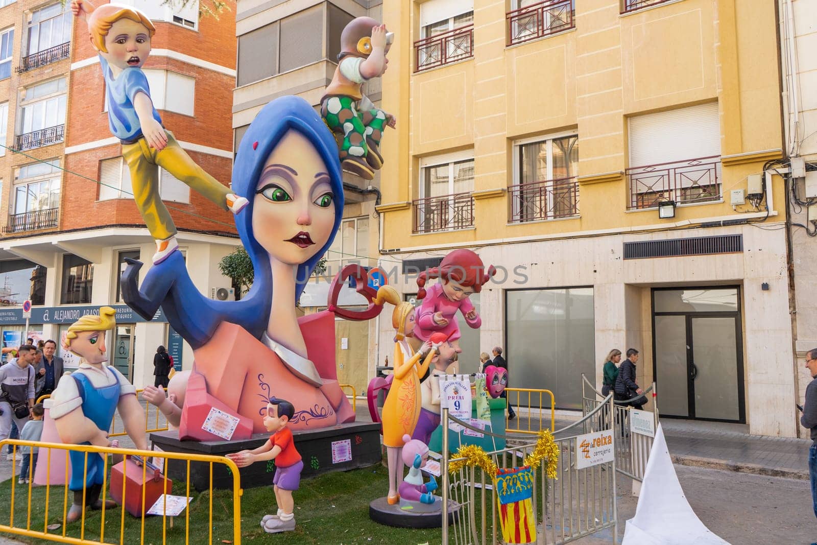 Burriana, Spain 18-03-2023: View of the sculpted monument for its exhibition and its burning in the Burriana fallas festivities.