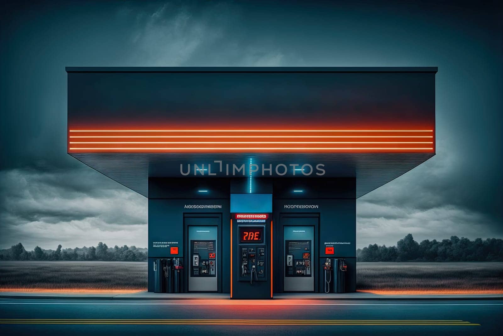 Neon gas starion in the night. Neon cyberpunk or travel concept with dark gas station shop. Generative AI. by SwillKch