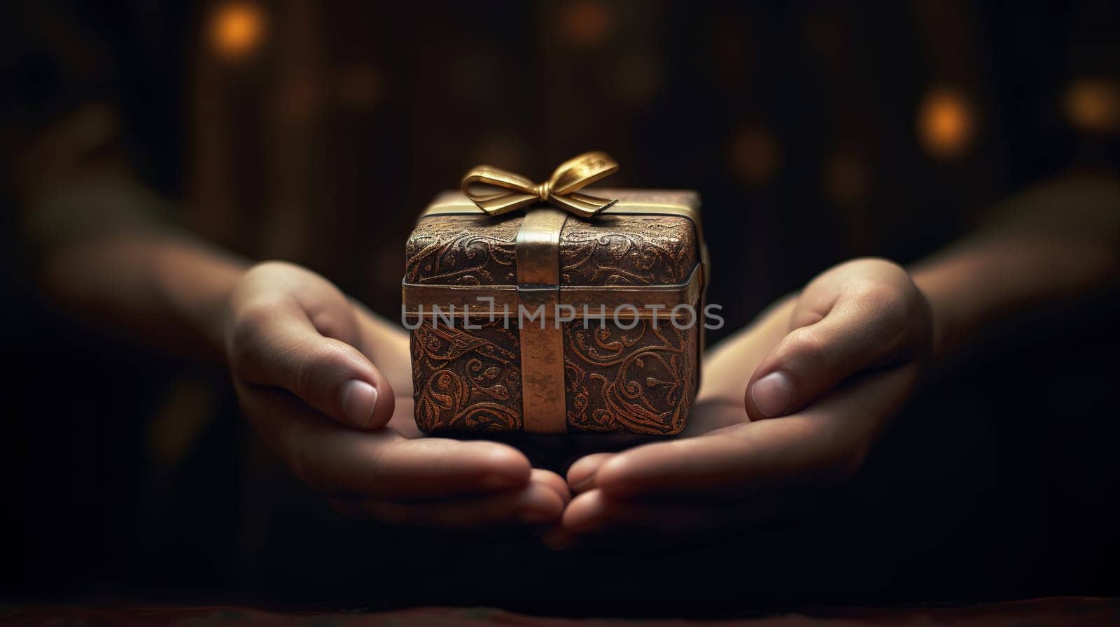 Handcrafted gift box in hands. Offering of the beautiful handmade giftbox. Generated AI