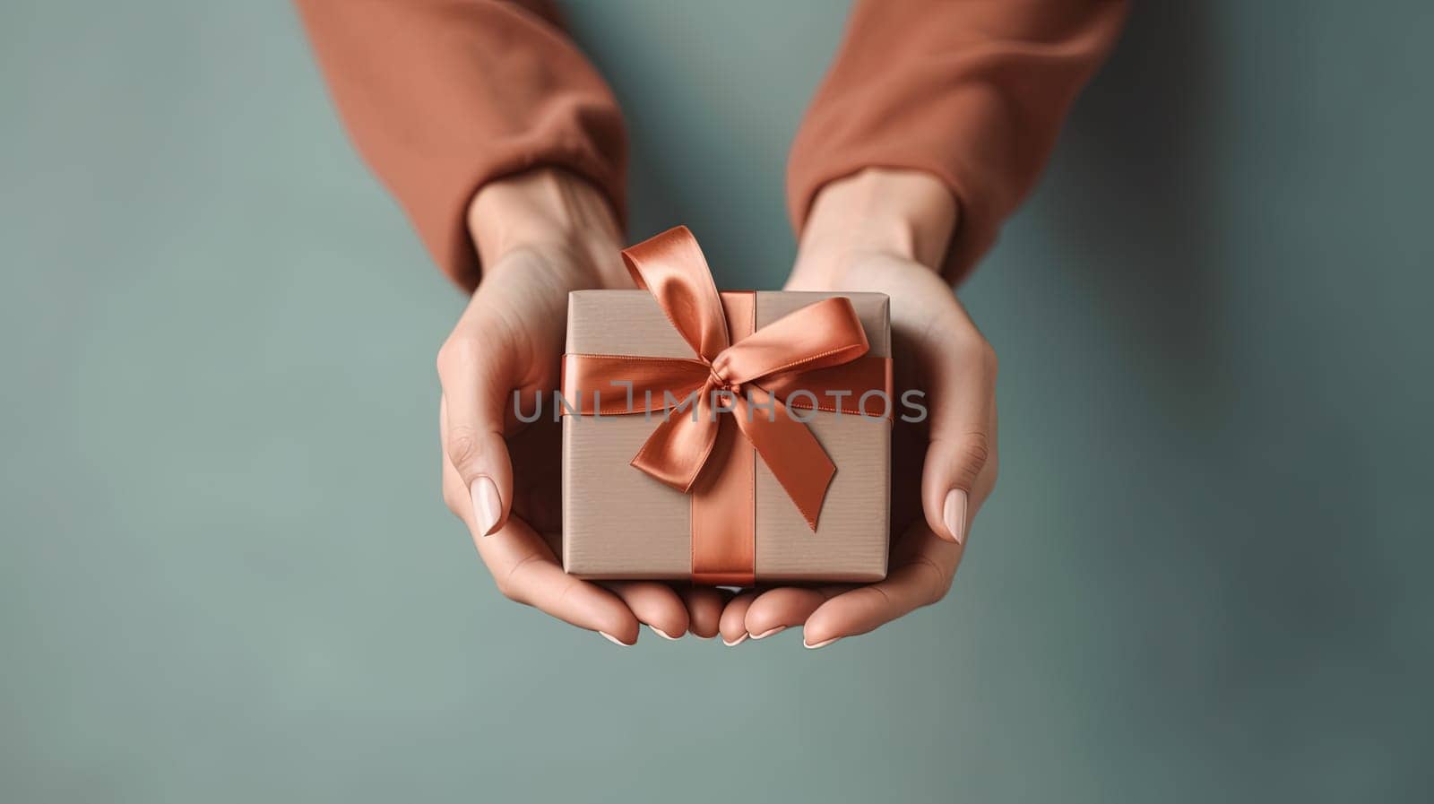 Woman hands holding the gift, presenting the box with bow. Generated AI. by SwillKch