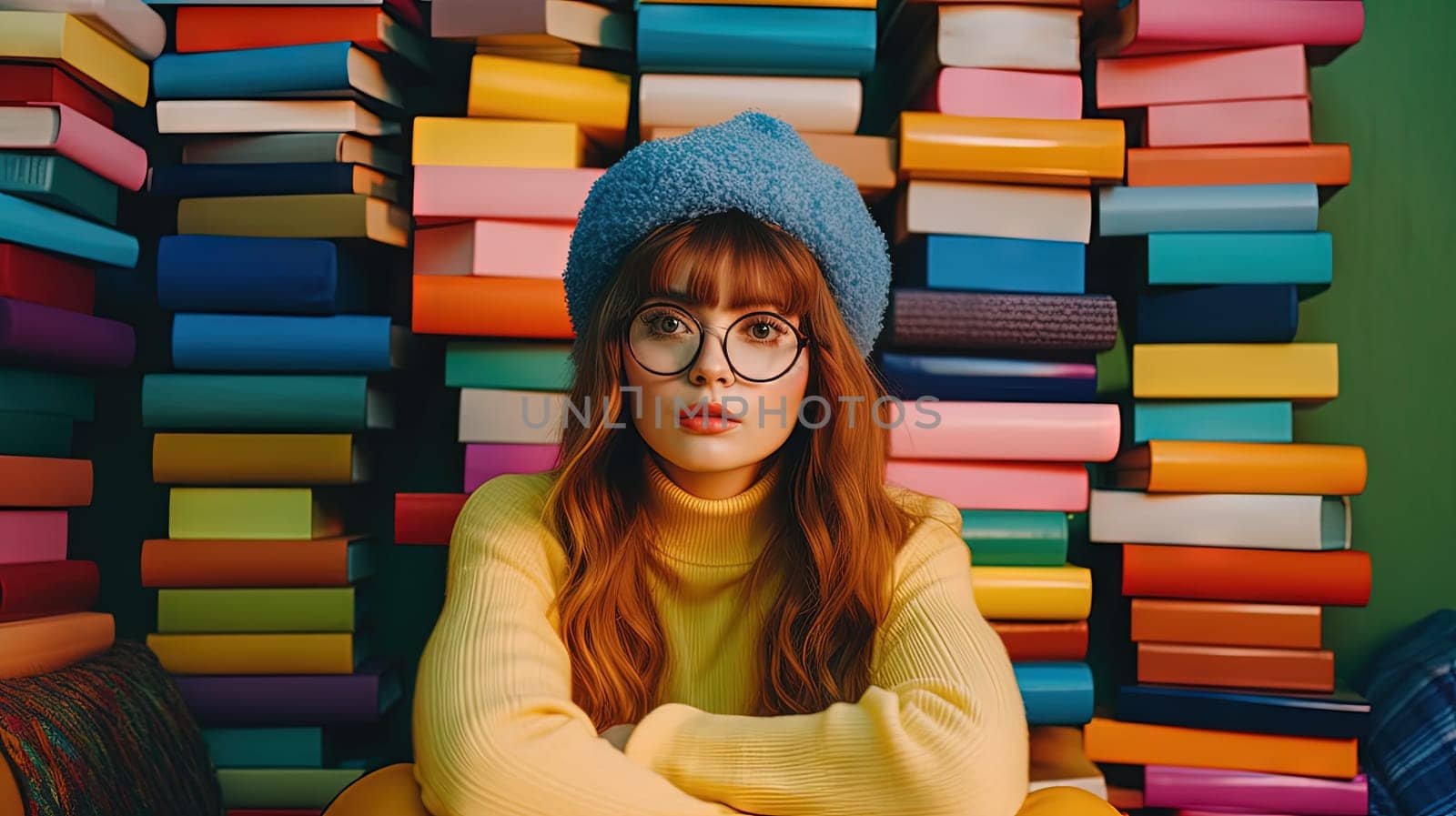 Cute girl with glasses sitting surrounded by the books. Books around the schoolgirl in colorful scene. Generated AI