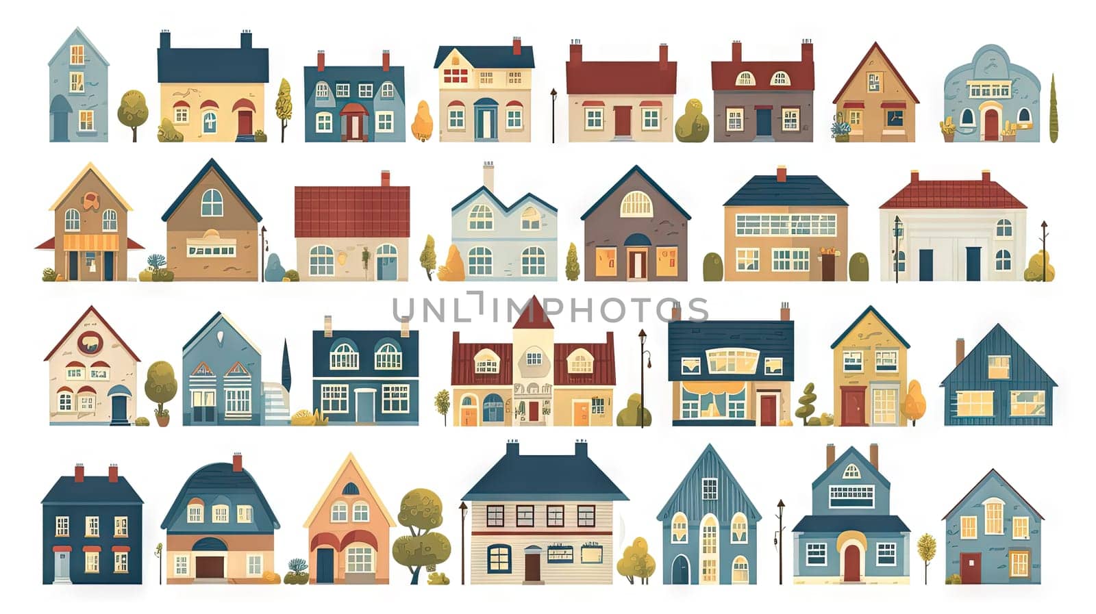 Set of cute residental houses in the neighborhood. Colorful architecture of suburb or village cottages. Generated AI
