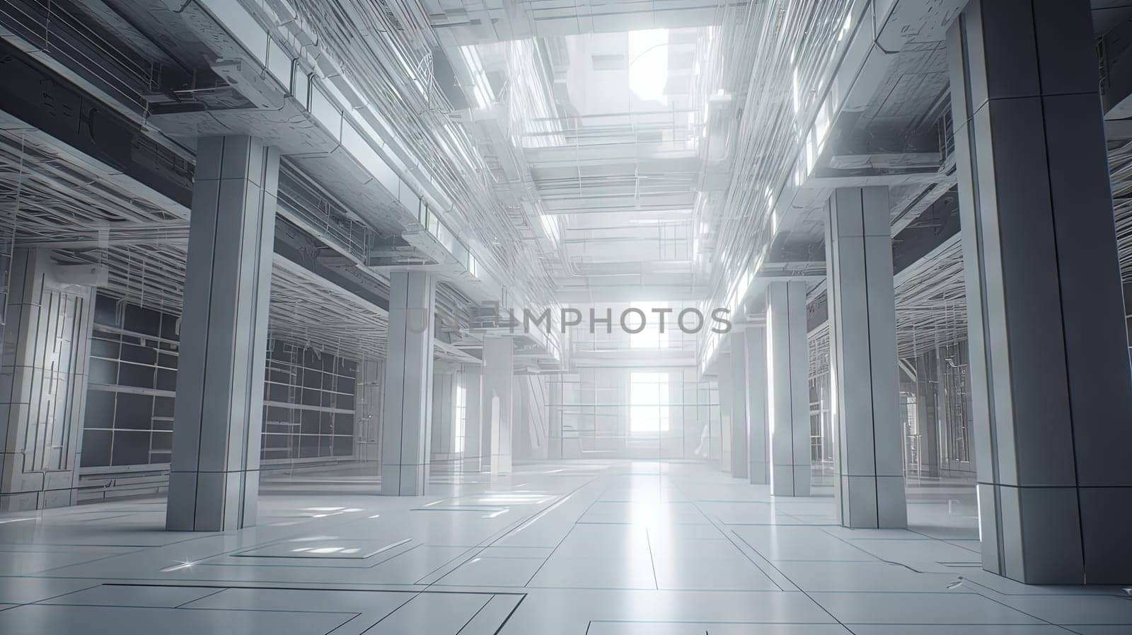 Interior of white industrial hangar or warehouse. Modern architecture industrial room. Generated AI