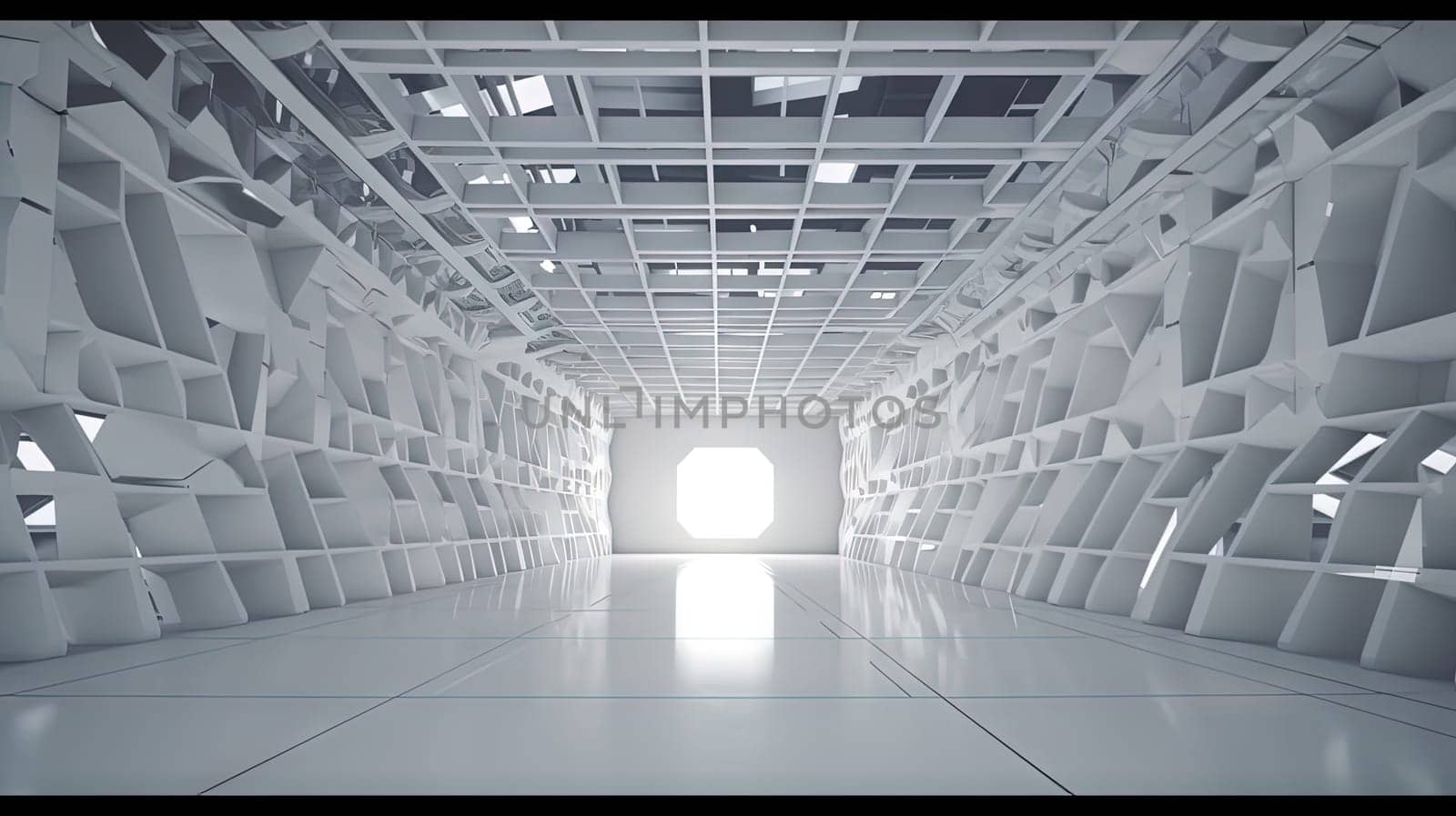 Interior of white industrial hangar or warehouse. Modern architecture industrial room. Generated AI