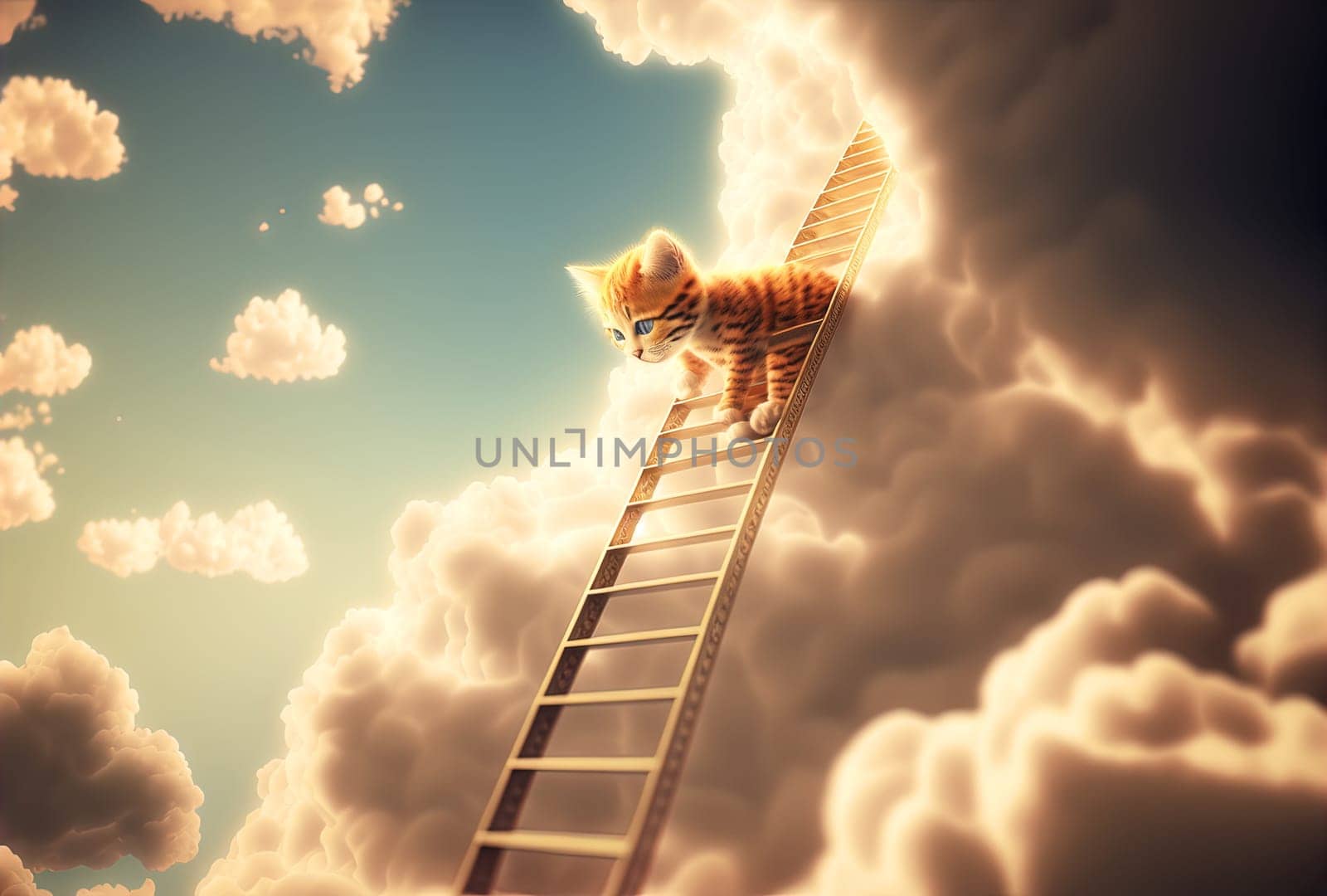 Curious kitten climbing the ladder to the sky with clouds. Cute tiny cat on the stairway. Generated AI. by SwillKch