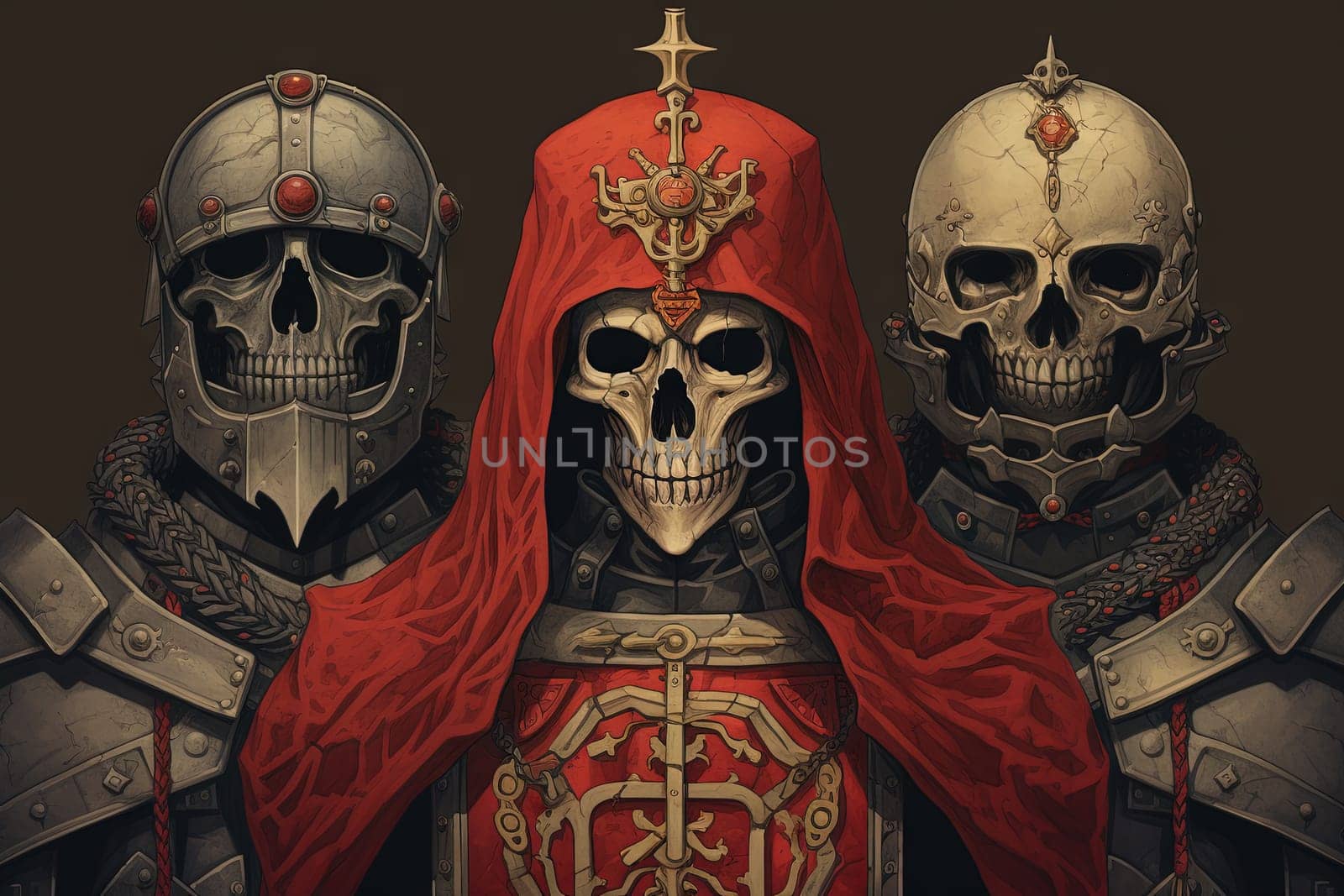 Mystic knight portraits in metal armor. Occult scary knights in medieval alchemy art style
