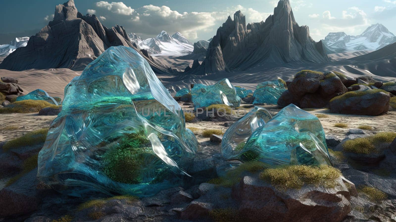 Science fiction landscape with glass mountains. Alien planet with melted glass rocks. Generated AI