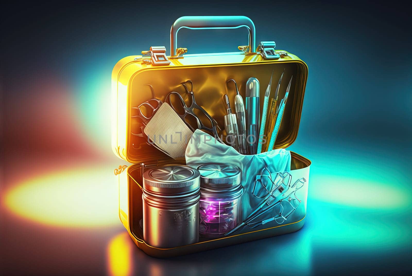 First aid kit with abstract box, medicines and supplies. Emergency health care equipment set. Generated AI