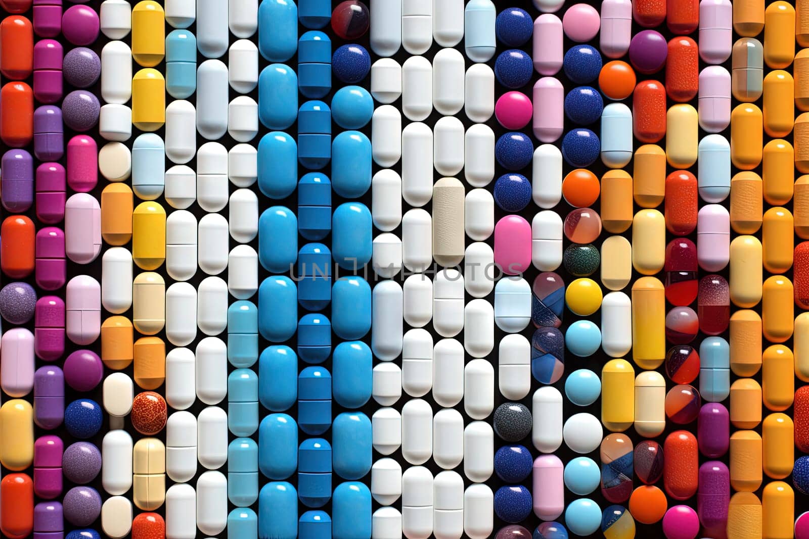 Background with pills and capsules ordered in rows or pattern. Medical drug or dietary supplement concept. Generated AI