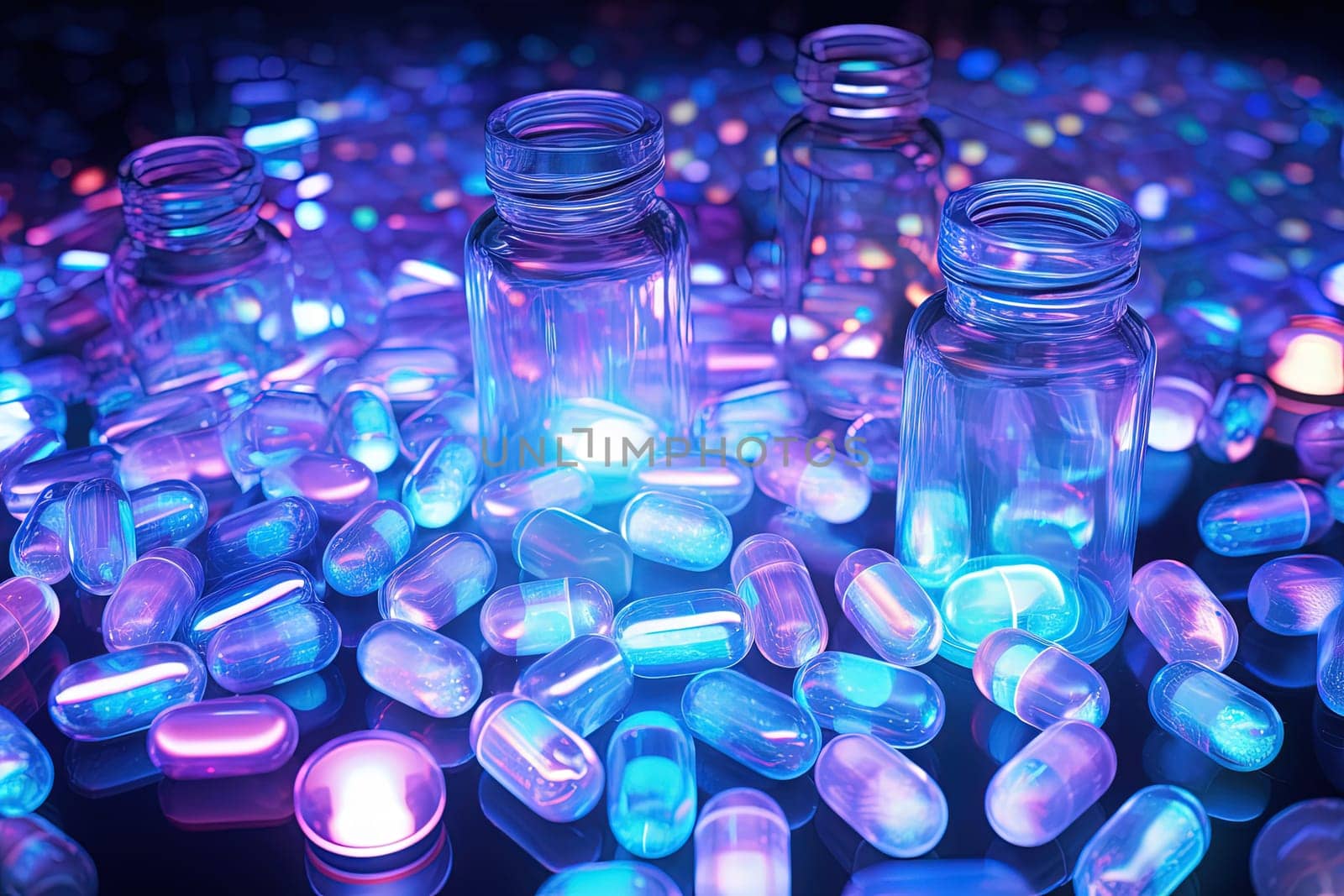 Background with pills and capsules in neon blue and purple colors. Medical drug or dietary supplement concept. Generated AI