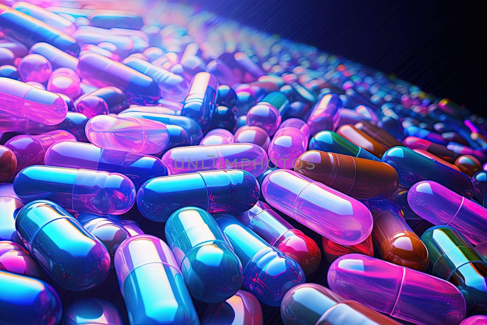 Background with pills and capsules in neon blue and purple colors. Medical drug or dietary supplement concept. Generated AI