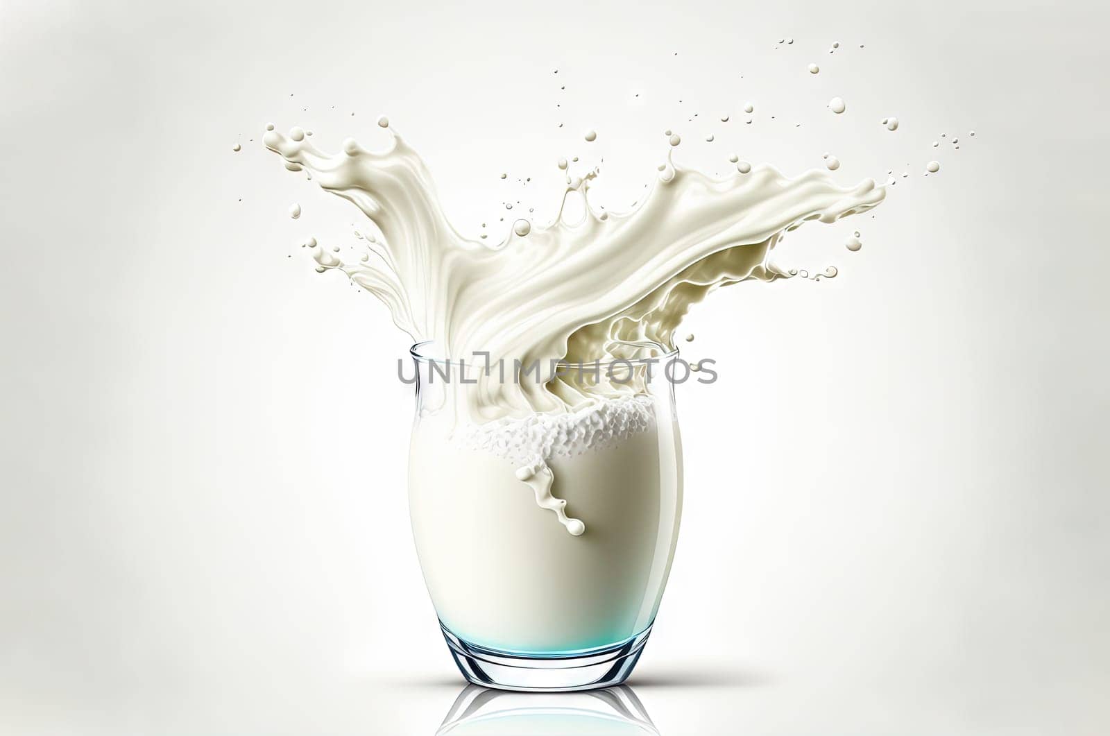 Milk splash with drops flying away. Splasj crown in the white milk. Generated AI