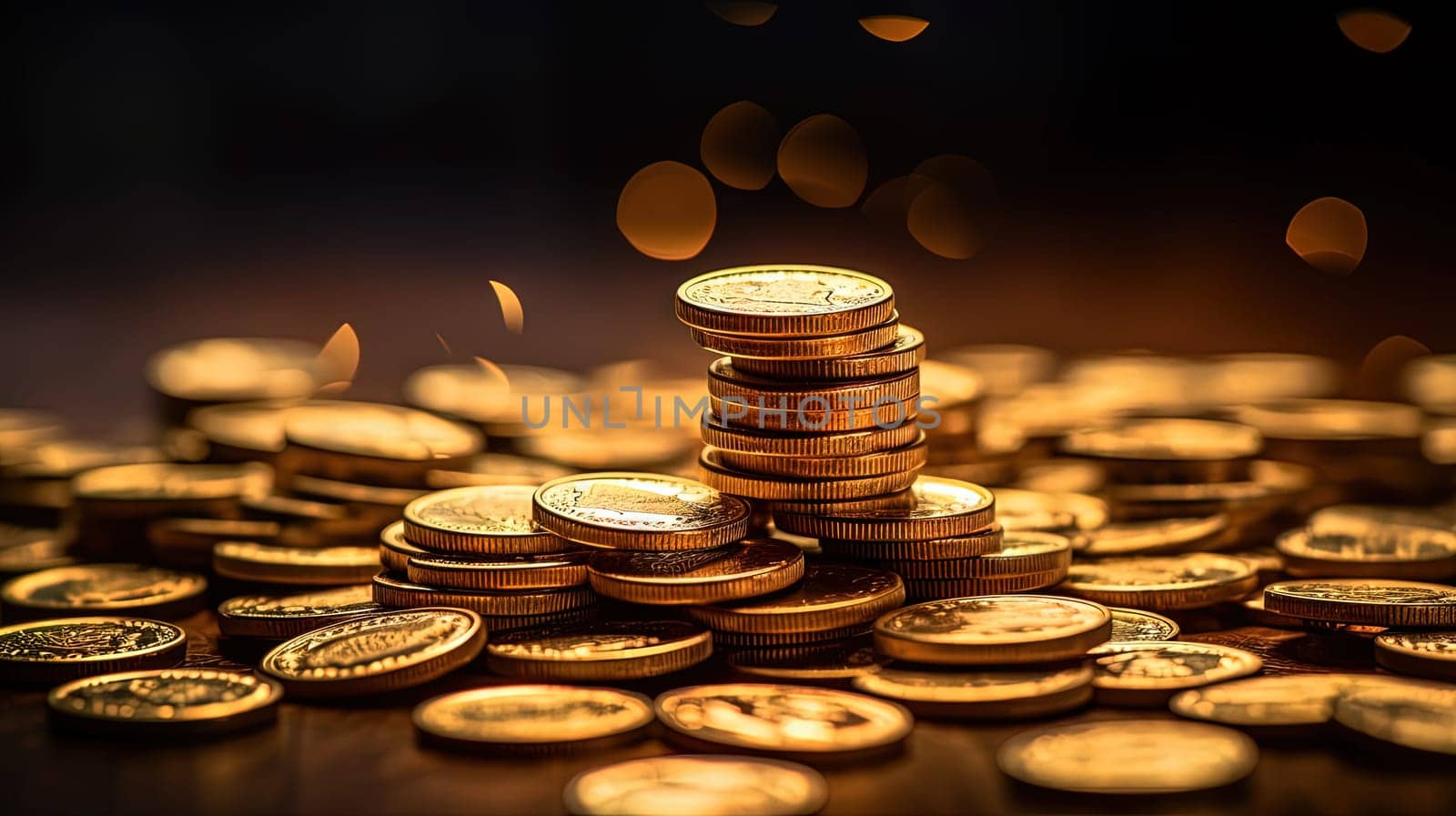 Money concept background with stacks of golden coins. Finance abstract with yellow coins. Generated AI