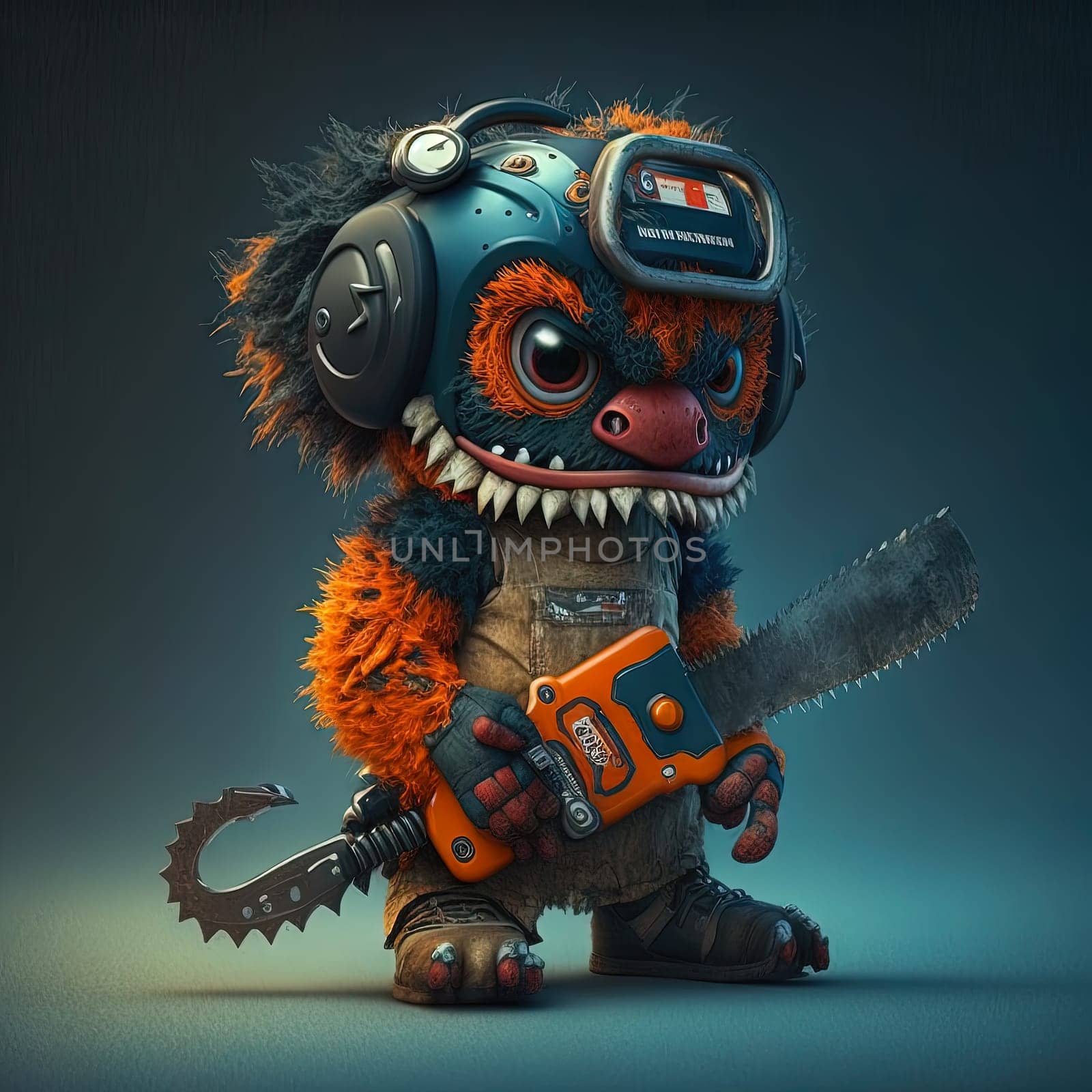 Funny and spooky figure of monster with a chainsaw. Crazy lumberjack mascot. Generative AI. by SwillKch