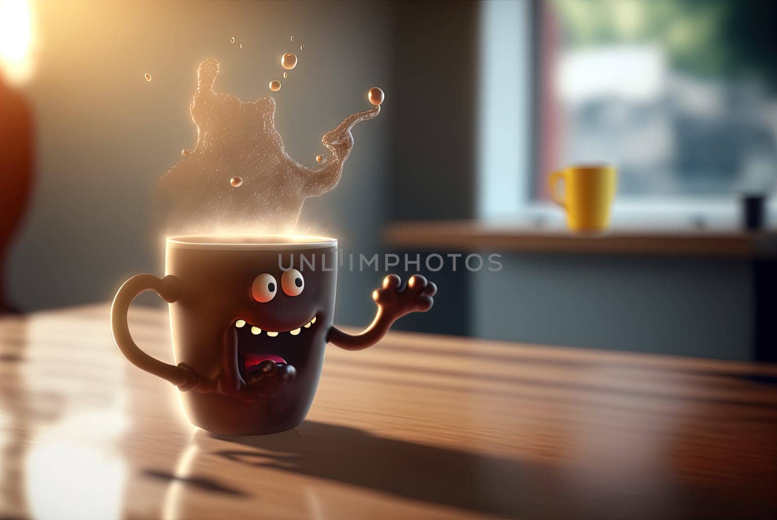 Coffee monster with crazy eyes. Cute character with caffeine energy, very excited. Generated AI