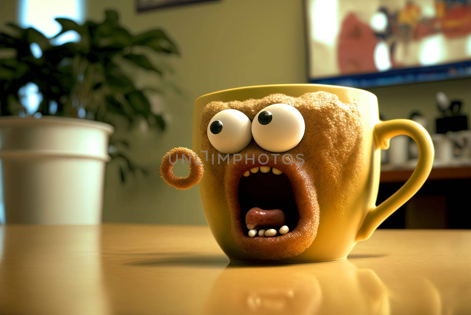 Coffee monster with crazy eyes. Cute character with caffeine energy, very excited. Generated AI