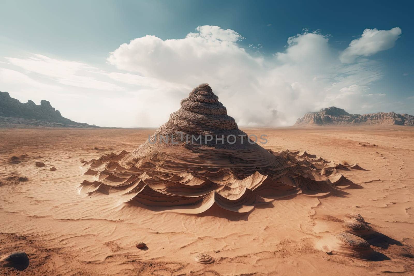 Surreal rock vortex formation. Fictional coiled stones in the desert mountains. Generated AI