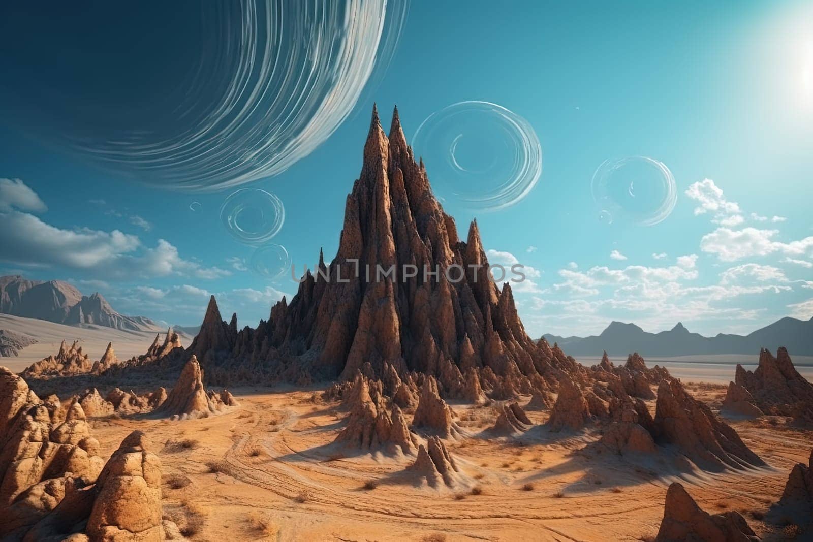 Surreal rock vortex formation. Fictional coiled stones in the desert mountains. Generated AI