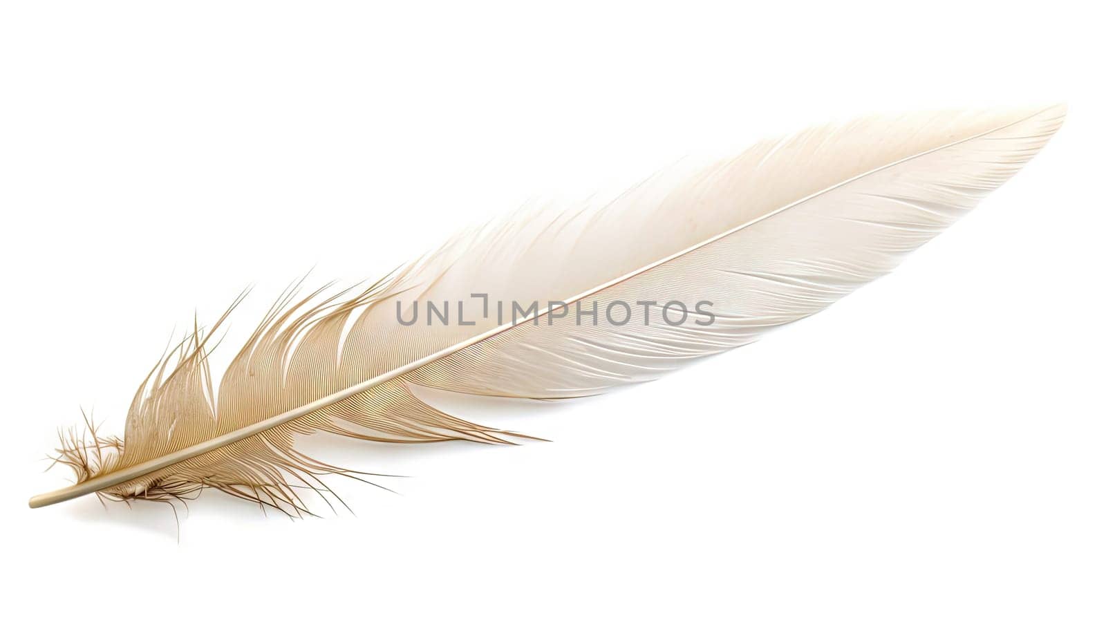 Bird feather on white background. Beautiful bird plumage or wing element, isolated smooth feather. Generated AI