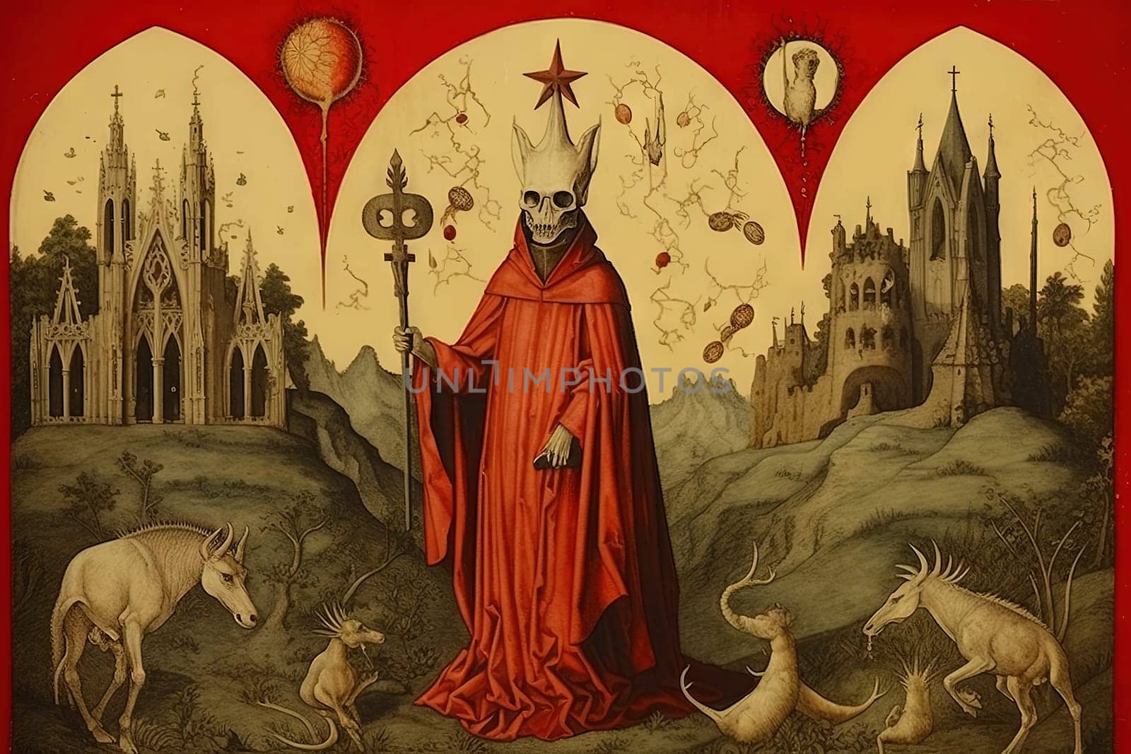 Medieval styled occult art with skeleton and monsters. Ancient icon or old book illustration with mystic religious scene. Generated AI