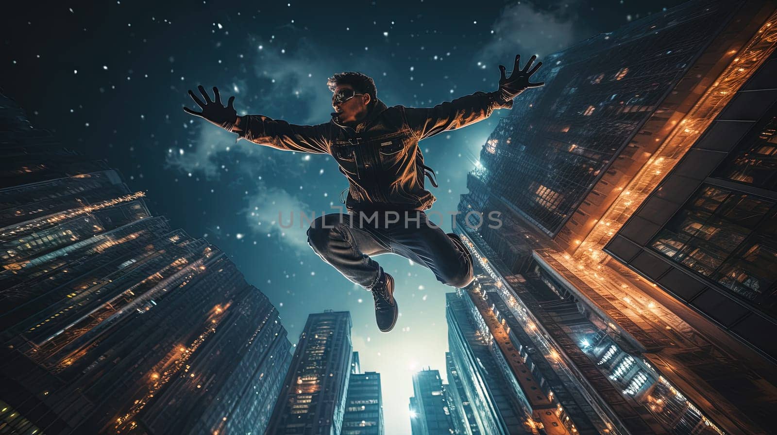 Young man jumps from the roof. Parkour or base jumping trick of an action stuntman. Generated AI