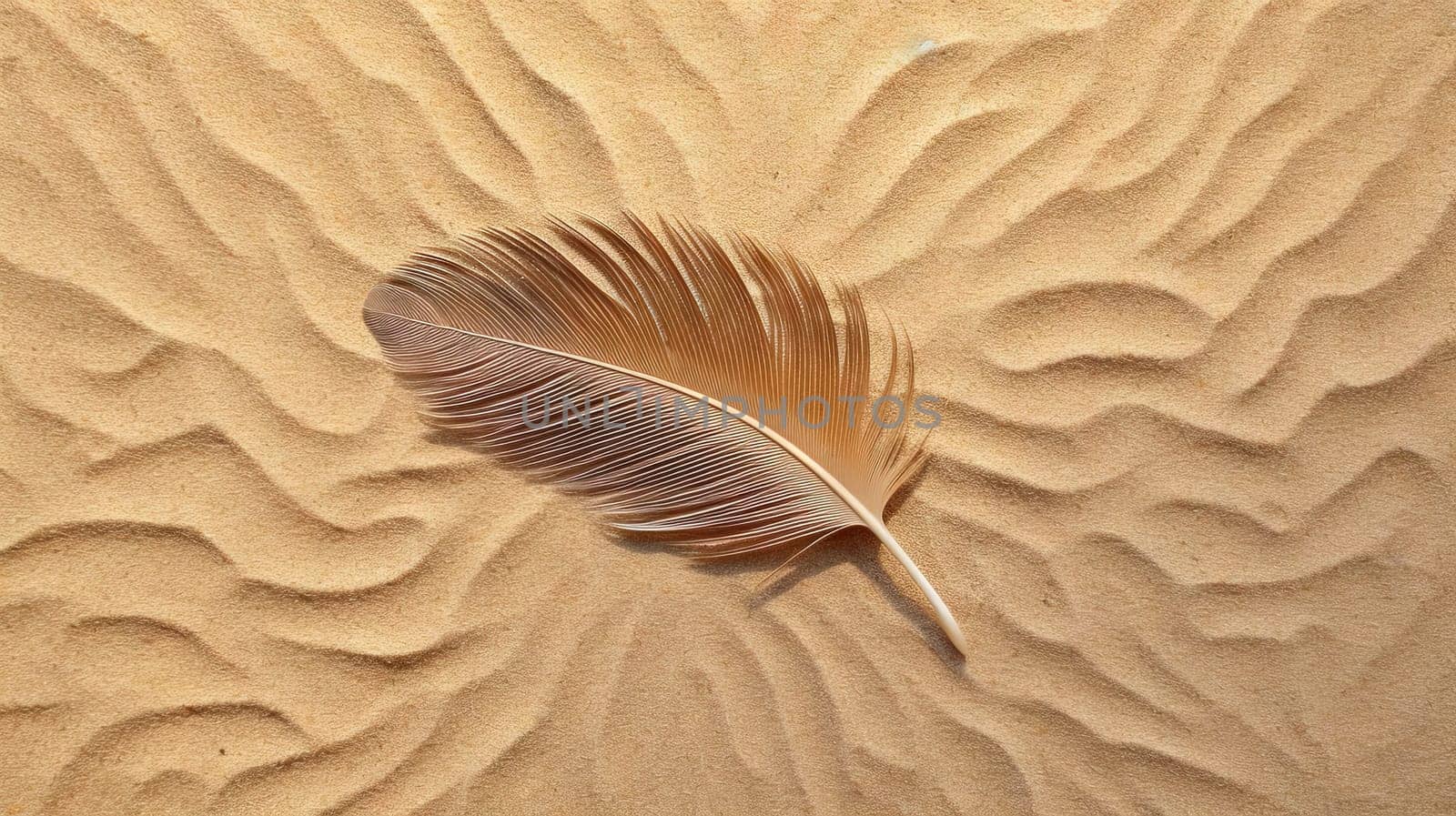 Feather on the tropical beach sand. Vacation and relaxation concept with bird feather on the hot summer beach. Generated AI