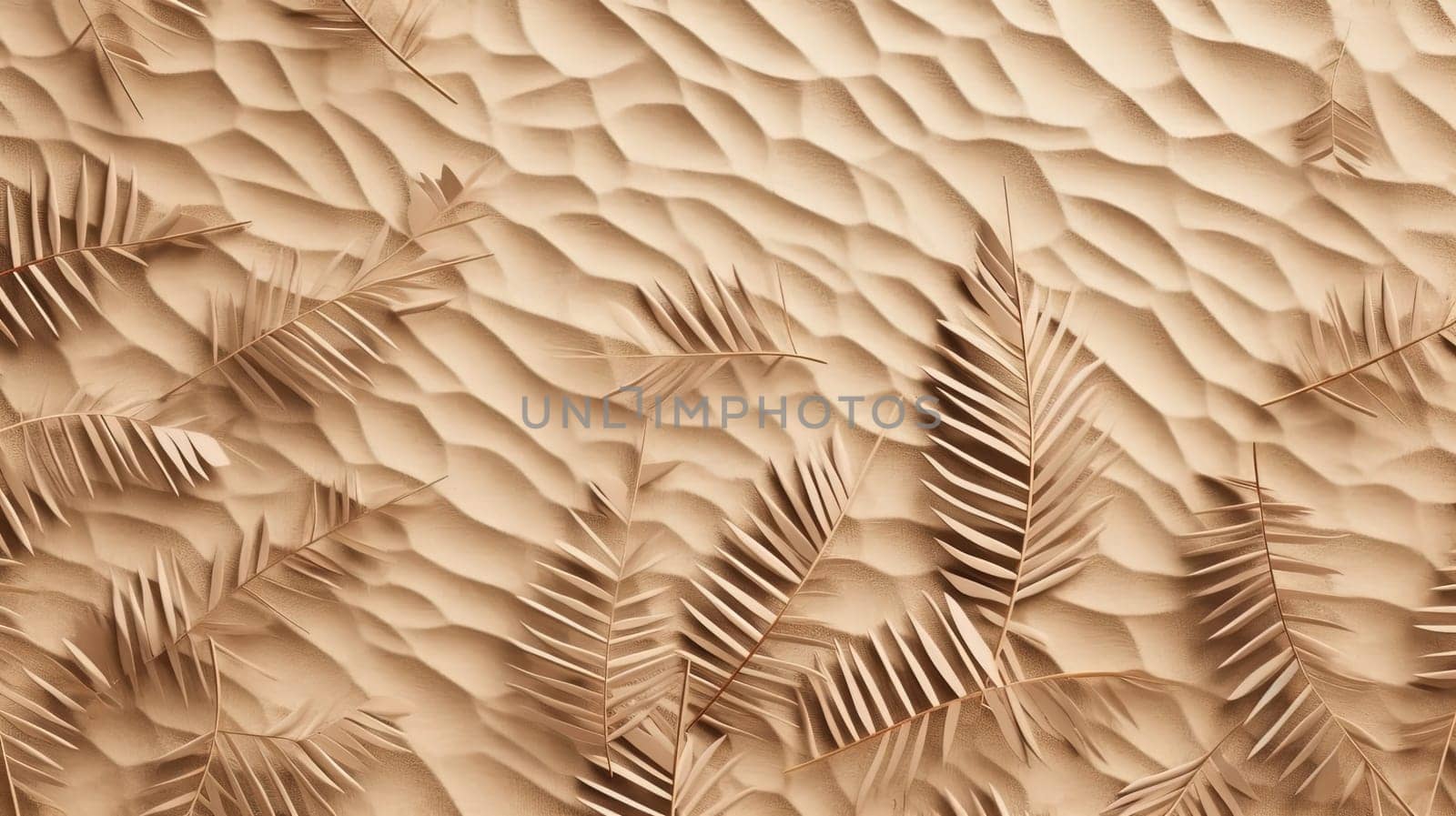 Plam leaves on the tropical beach sand background. Vacation and relaxation concept with dry palm leaves on the hot summer beach. Generated AI