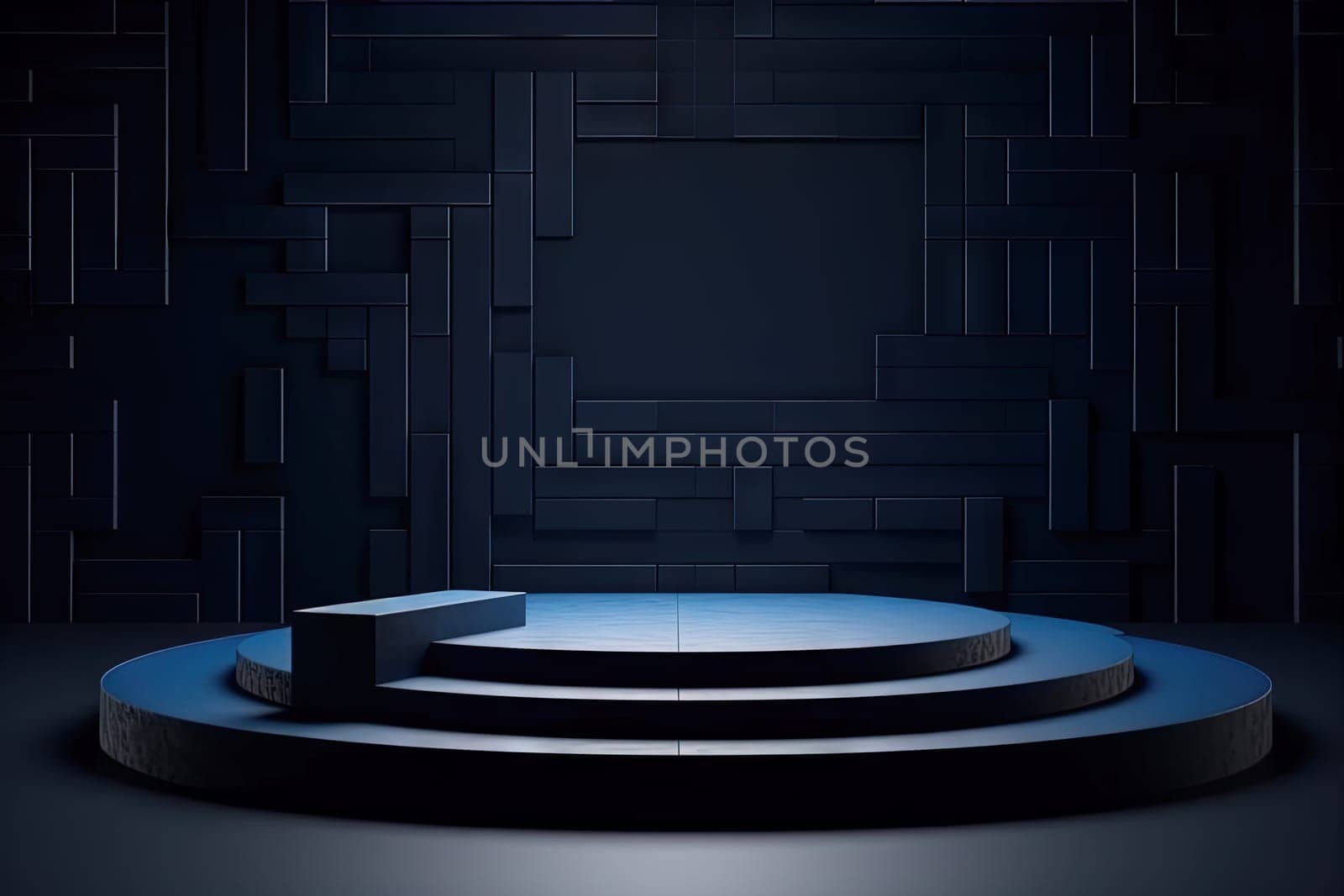 Dark blue pedestal in black room with geometric shapes. Podium for product showcase. Generated AI
