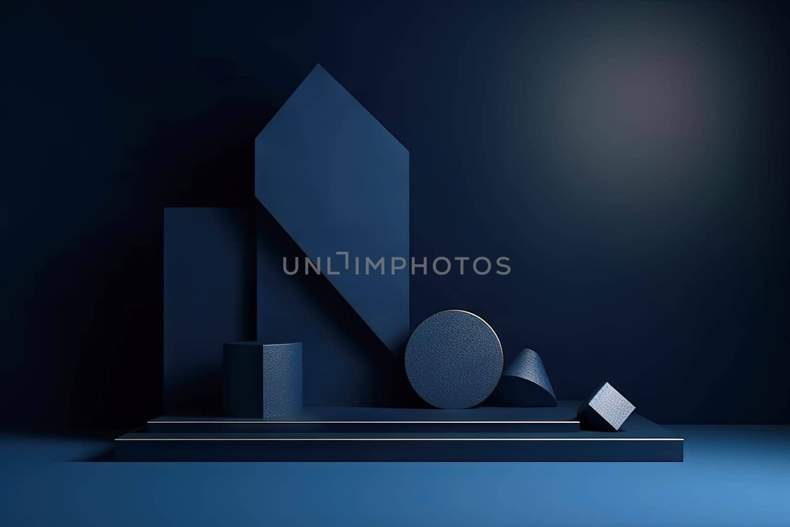 Dark blue pedestal in black room with geometric shapes. Podium for product showcase. Generated AI