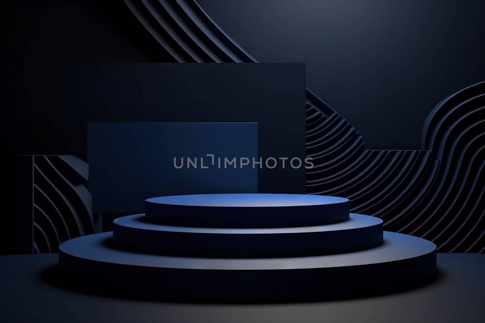 Dark blue pedestal in black room with geometric shapes. Podium for product showcase. Generated AI