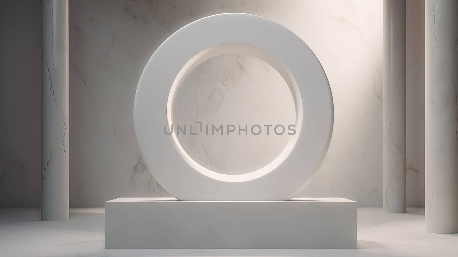 Abstract ancient pedestal in minimalistic room. Interior with sone podium. Generated AI