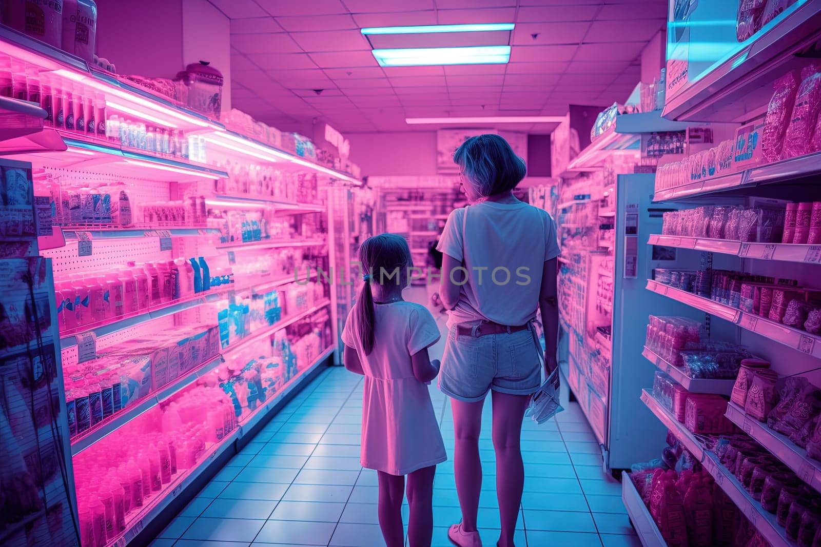 Family of mother and daughter looking cool in 80s styled synthwave store. People in supermarket. Generated AI