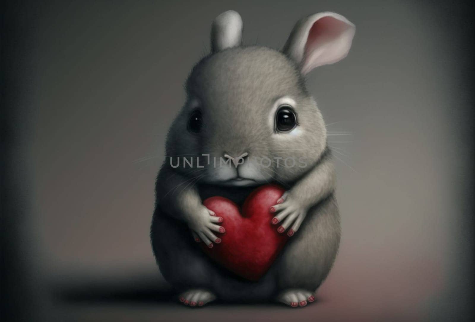 Cute fluffy rabbit hugging red heart. Valentine's Day greetings from romantic bunny holding heart. Generative AI