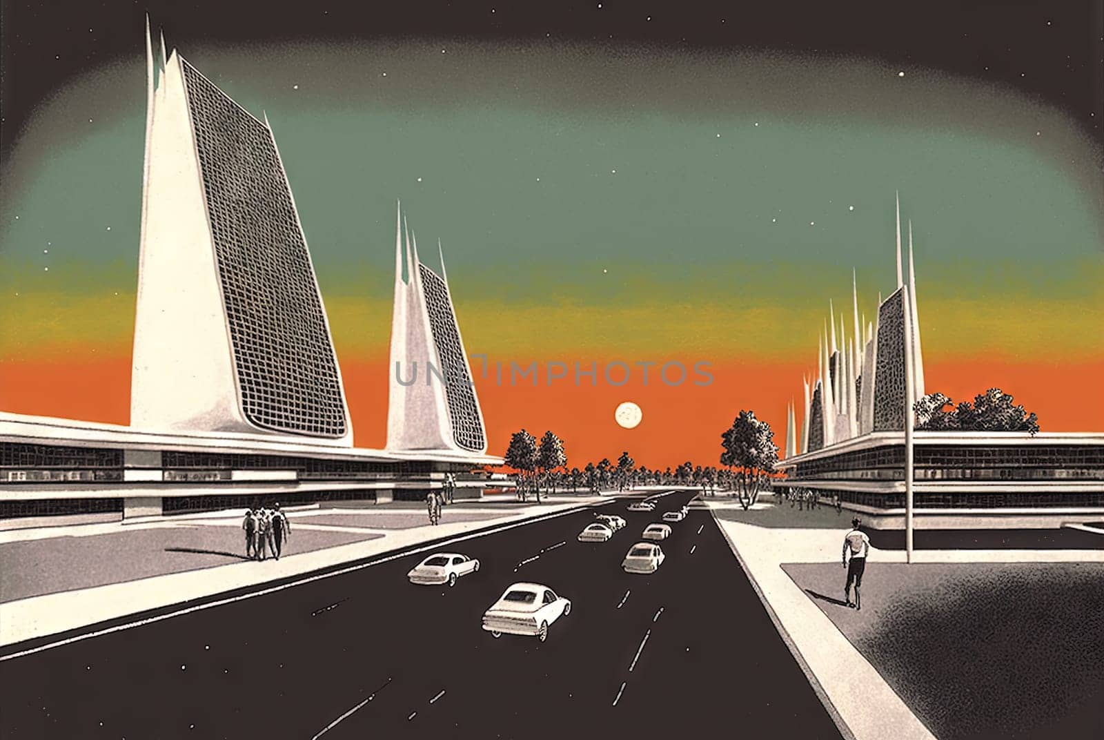 Retrofuturistic landscape in 80s sci-fi style. Retro science fiction scene with futuristic buildings. Generated AI
