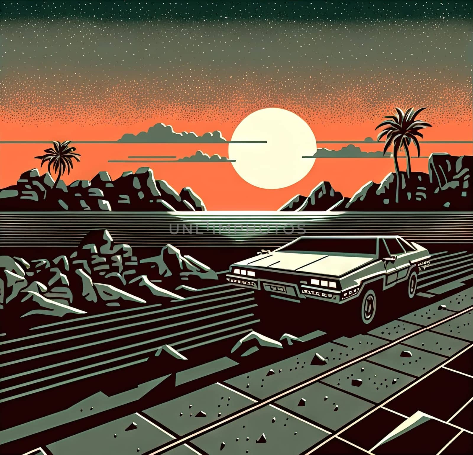 Retro styled sci-fi landscape with mountains. Retro futuristic science fiction illustration in drawing style with alien sun. Generated AI